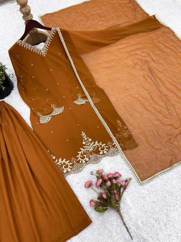 TZ-3116 Embroidered Partywear Top-Plazzo-Dupatta Set – Heavy Faux Georgette | Tehzeeb Threads