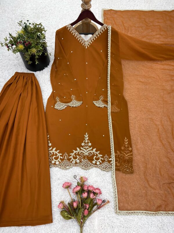 TZ-3116 Embroidered Partywear Top-Plazzo-Dupatta Set – Heavy Faux Georgette | Tehzeeb Threads